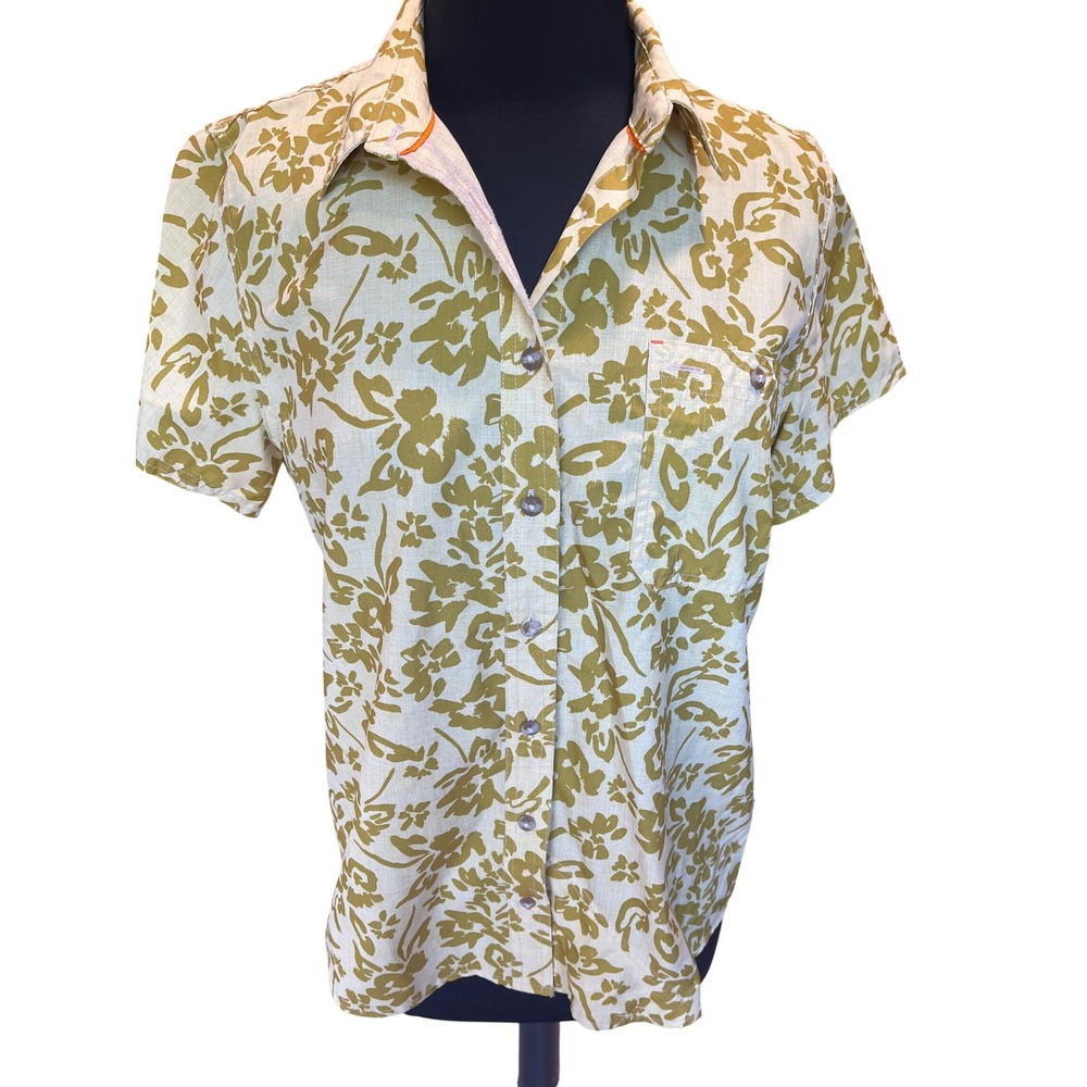 Orvis Womens L Short Sleeve Button Down Shirt Floral Olive Green Recycled Poly